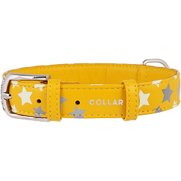 Ошейник "WAUDOG Glamour" кожаный с QR паспортом, с узором "Звездочка", желтый, ширина 12мм, длина 21-29см