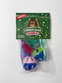 Игрушка для кошки "Мяч с перьями, лентами и погремушкой " (уп/2шт) (Сибирская кошка)
