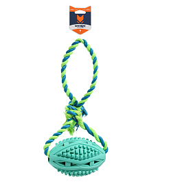 Игрушка для собак из каучука  Мяч регби большой  для чистки зубов с веревкой из хлопка, бирюзовый, 15 х 9 х 25 см