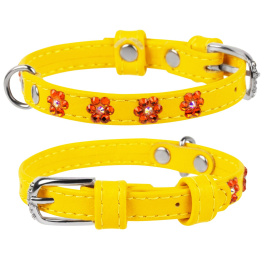 Ошейник "WAUDOG Glamour" кожаный с QR паспортом, с клеевыми стразами "Цветочек" Желтый, ширина 9мм, длина 19-25см