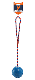 Игрушка для собак из каучука Шарик с веревкой, голубой, 6.6 х 30 см