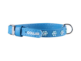 Ошейник "WAUDOG Glamour" кожаный с QR паспортом, с клеевыми стразами "Цветочек" Голубой, ширина 9мм, длина 19-25см