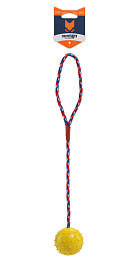 Игрушка для собак из каучука Шарик с веревкой, желтый, 4.8 х 31 см